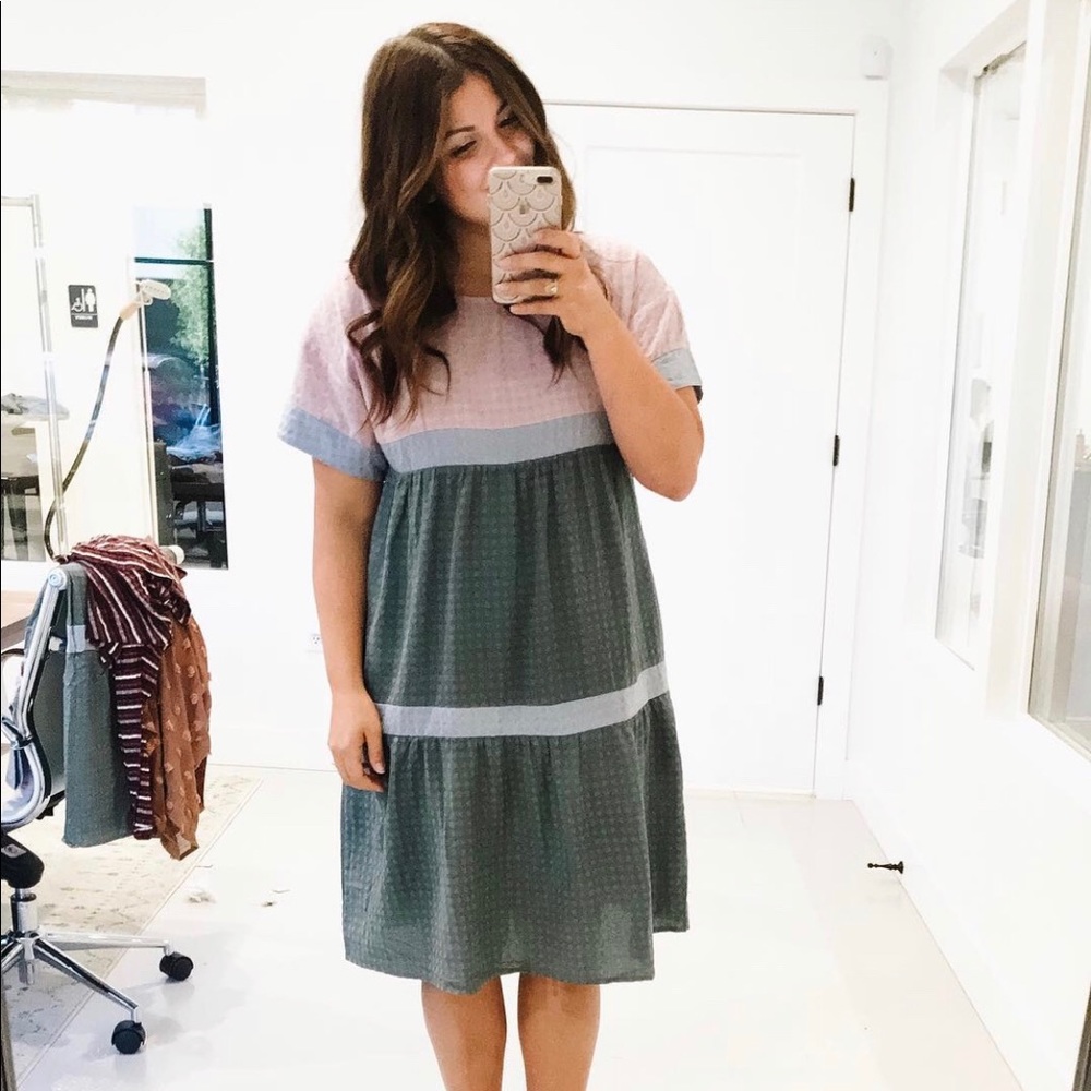 Roolee Dusty Pink and Sage Green Tiered Midi Dress